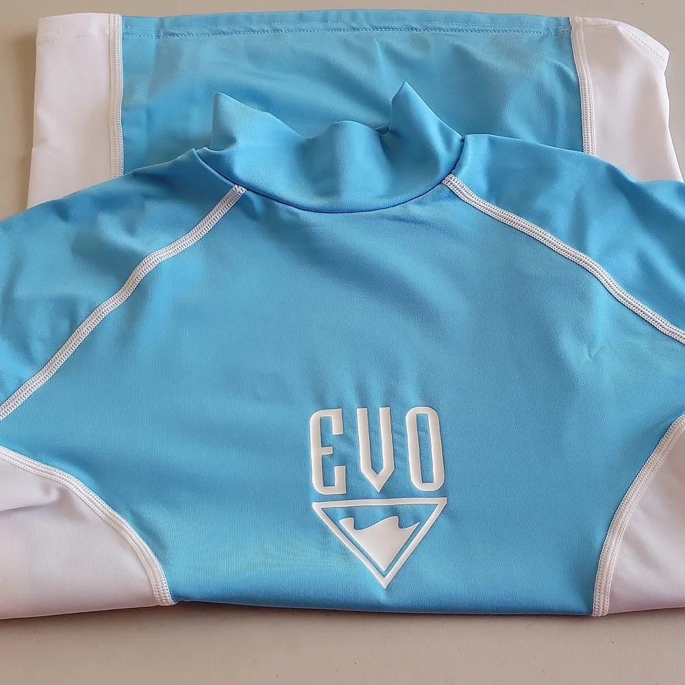 Evo Boys Rashguard Sun Shirt UPF 30 Short Sleeve White Blue Size L (14-16) New